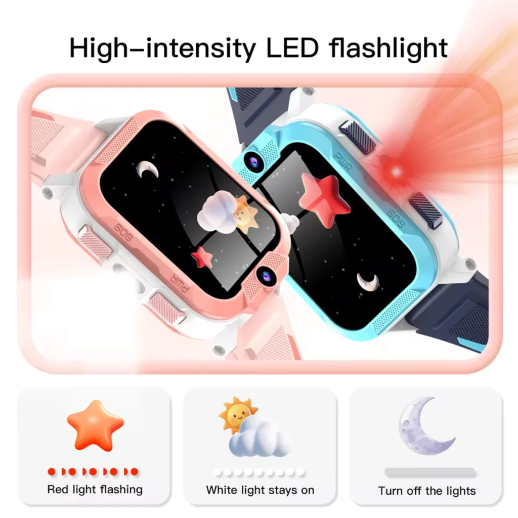 Smartwatch infantil Blackview Z40 Pro azul con linterna LED de alta intensidad, pantalla con estrellas y nube, correa azul y bisel rosa y azul, resistencia IP68