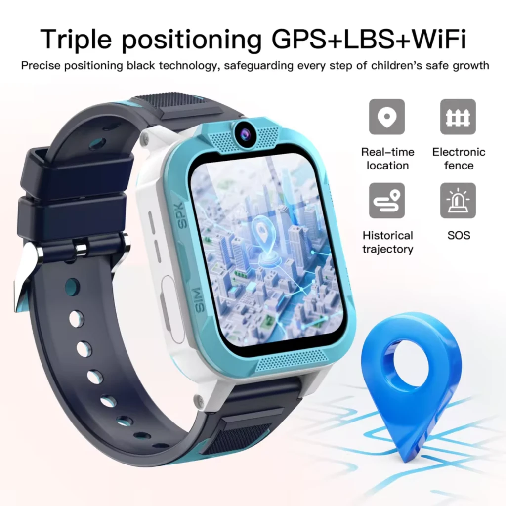 Smartwatch infantil azul Blackview Z40 Pro con pantalla táctil, cámara frontal, correa negra ajustable y bordes reforzados; iconos GPS, LBS y WiFi en pantalla