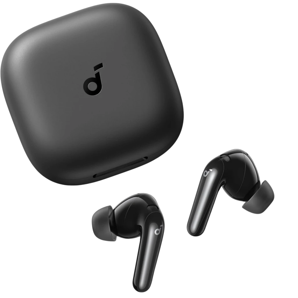Auriculares Soundcore P31i negros con estuche compacto; diseño intrauditivo con puntas de silicona y vástagos brillantes; logotipo d destacado en ambos piezas