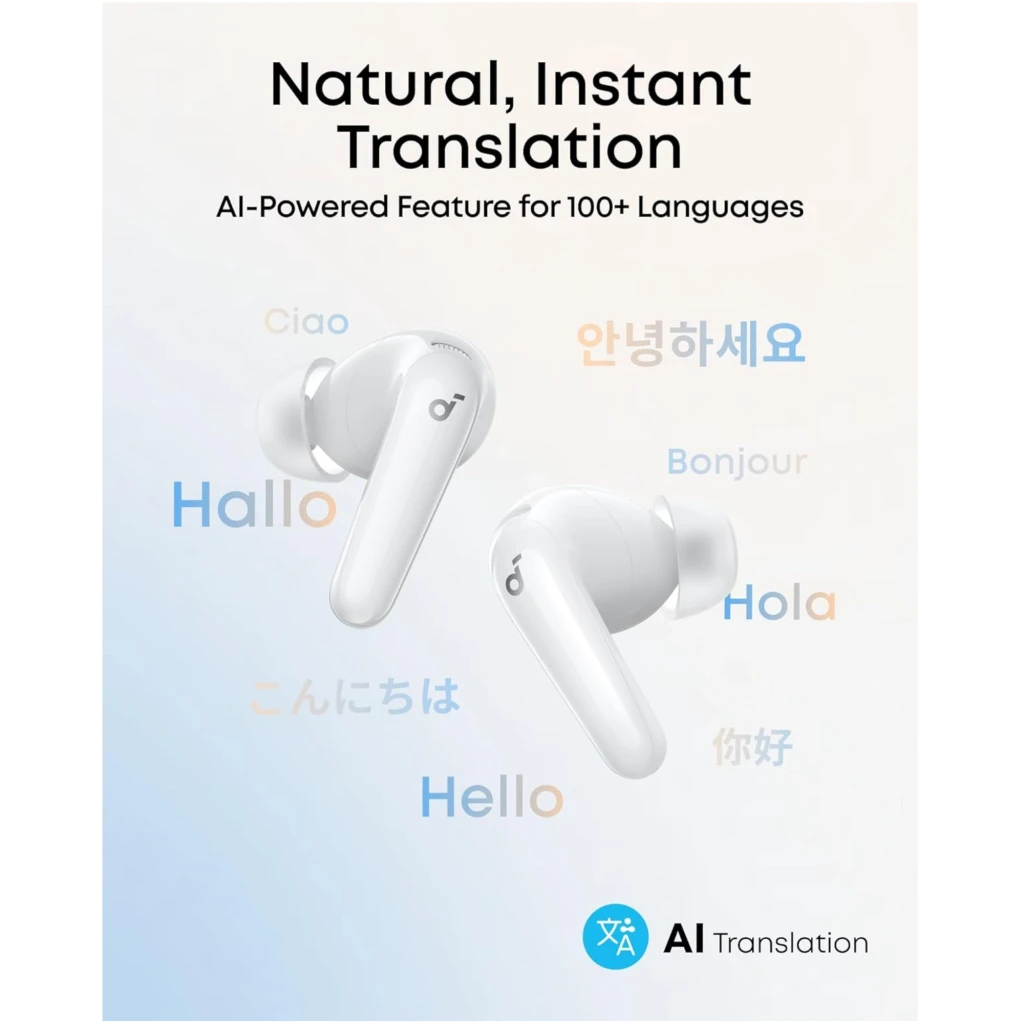 Auriculares Soundcore P31i blancos con tallo corto y almohadillas de silicona, logo a un lado, diseño minimalista y compacto, enfoque en traducción AI
