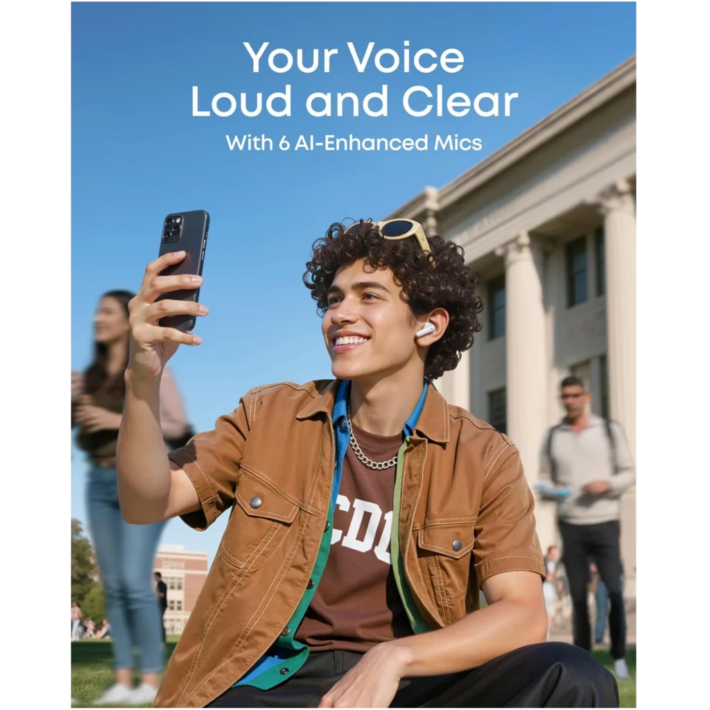 Auriculares Soundcore P31i negros con diseño intraural, vástago corto y estuche compacto; micrófonos visibles para llamadas claras en exteriores