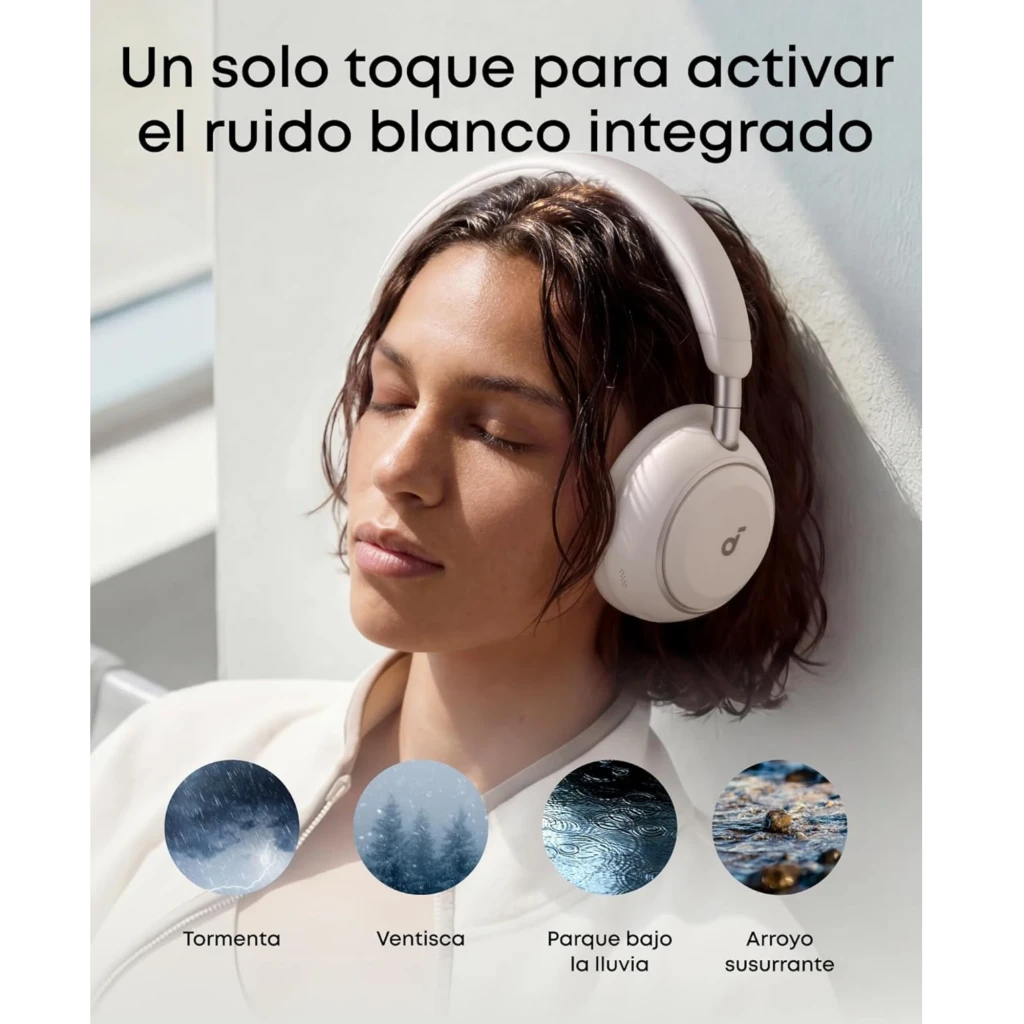 Soundcore Space 2 Bluetooth ANC Hi-Res negros con diadema acolchada y copas circumaurales; botón para ruido blanco integrado y diseño elegante