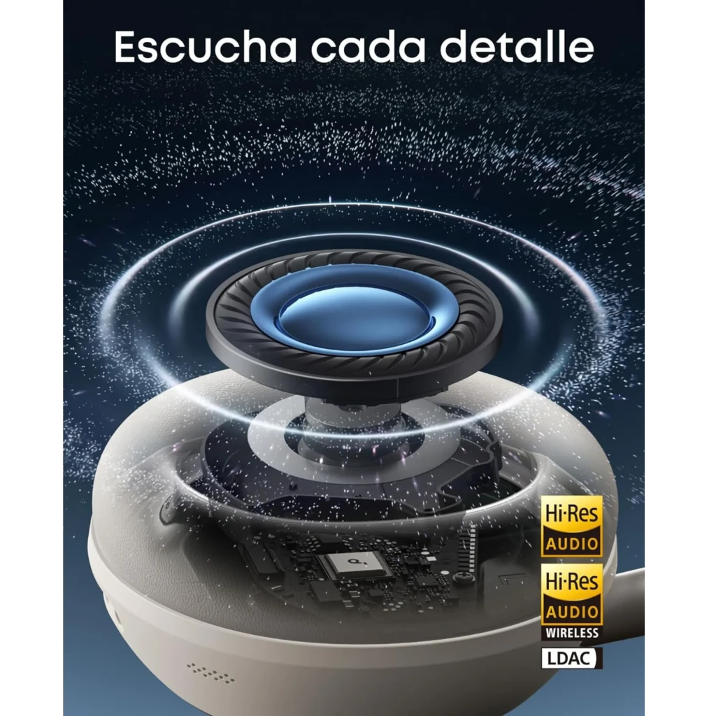 Soundcore Space 2 Bluetooth ANC Hi-Res 70 h Black: diafragma azul flotante con efecto de ondas, carcasa negra semitransparente y sellos Hi-Res, Hi-Res Wireless