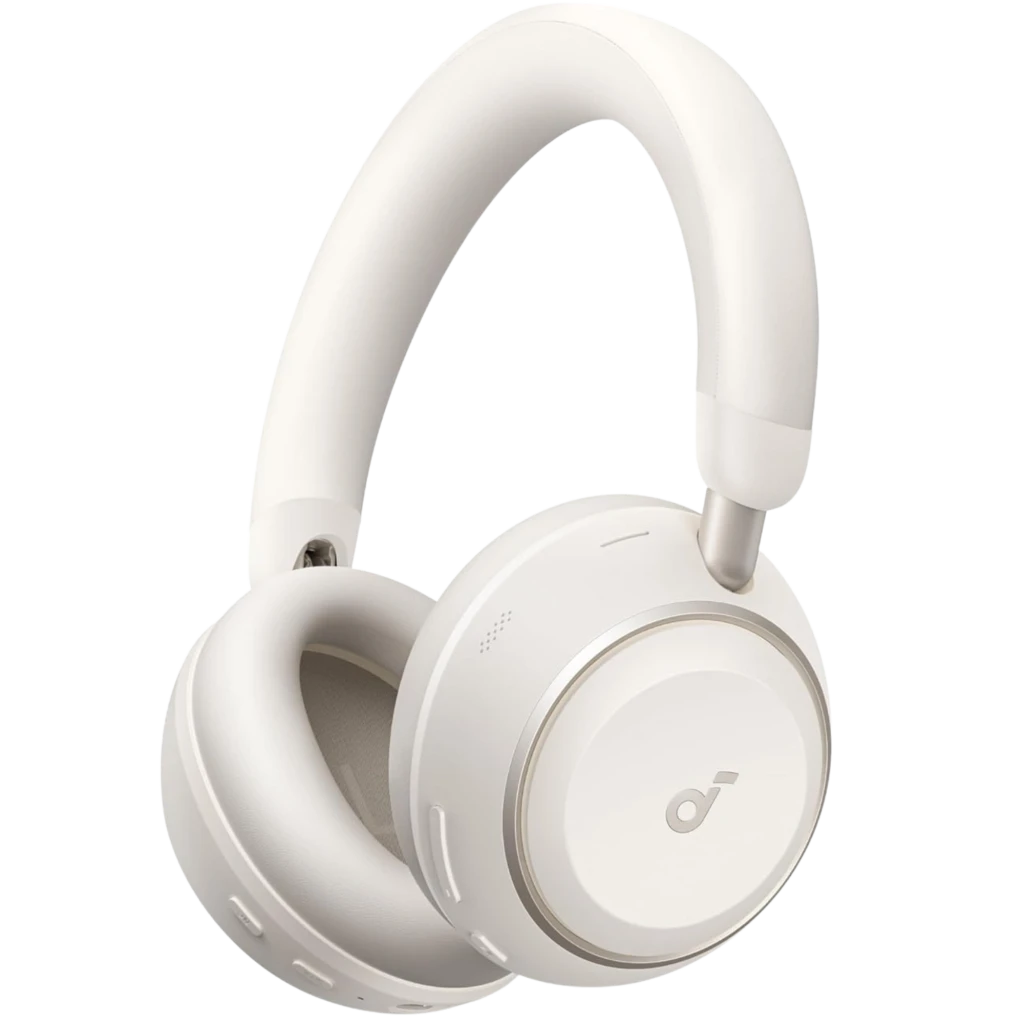 Auriculares Soundcore Space 2 blancos circumaurales con diadema acolchada, copas giratorias, controles laterales discretos y logo metálico; diseño elegante y