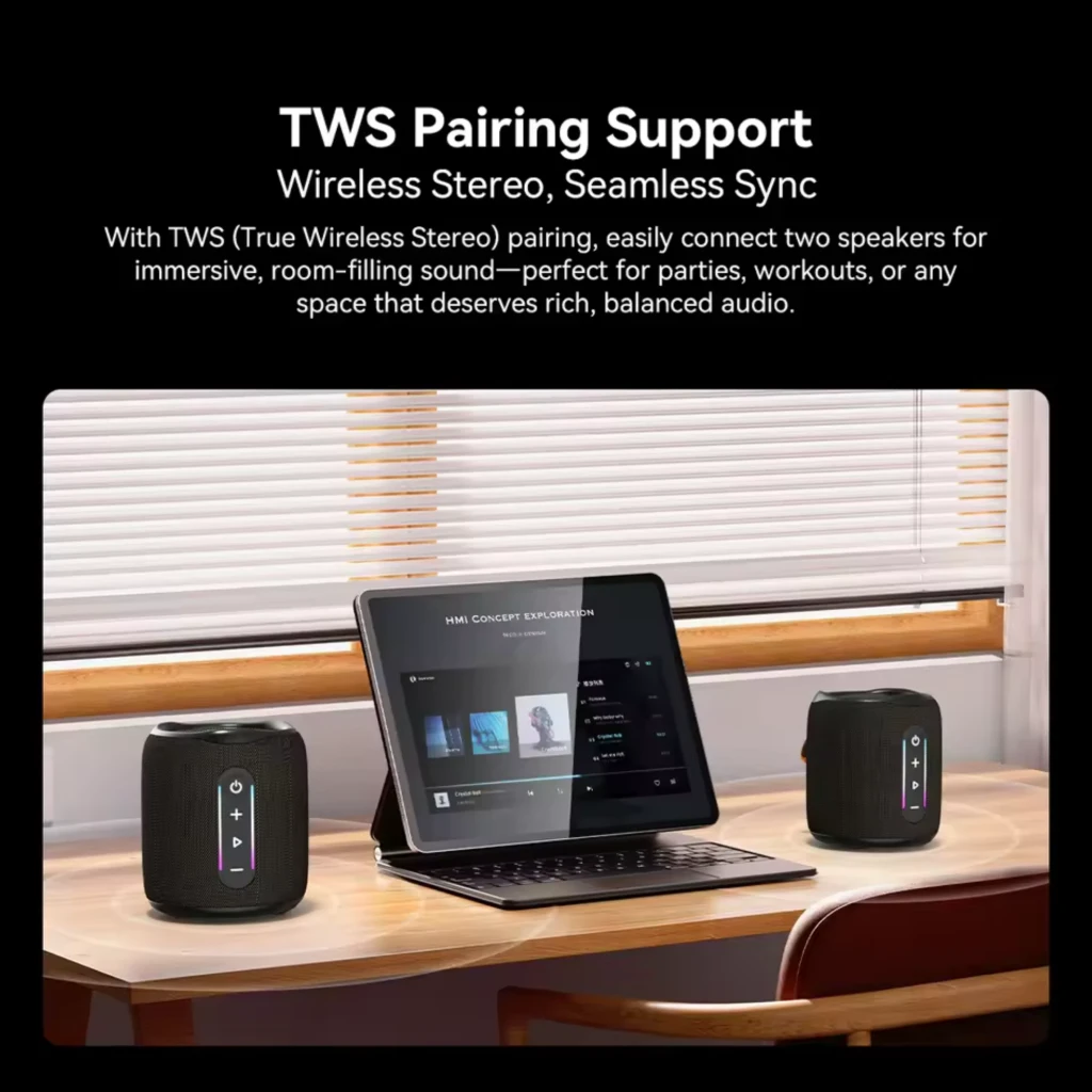 Blackview AuraBass 2 altavoz 10 W portátil, dos unidades en modo TWS junto a tablet, controles frontales iluminados, rejilla negra, diseño compacto IPX7