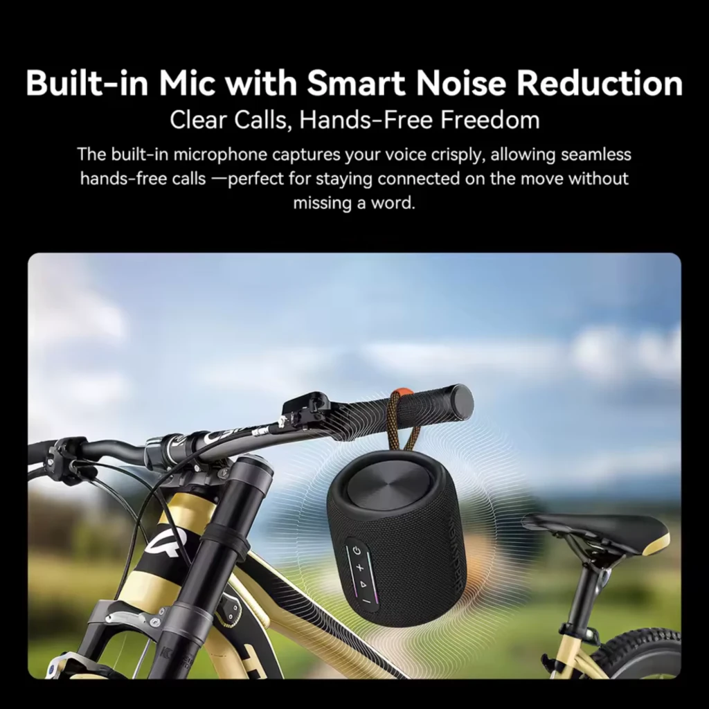 Altavoz Blackview AuraBass 2 cilíndrico negro colgado de una bicicleta, rejilla textil, panel con botones y luces LED, compacto y resistente IPX7