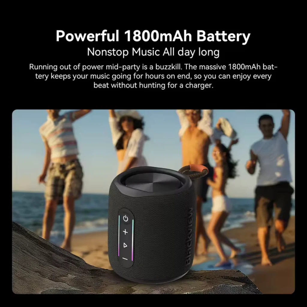 Blackview AuraBass 2 altavoz portátil cilíndrico negro con correa, rejilla textil y botones laterales iluminados; diseño resistente, compacto y moderno