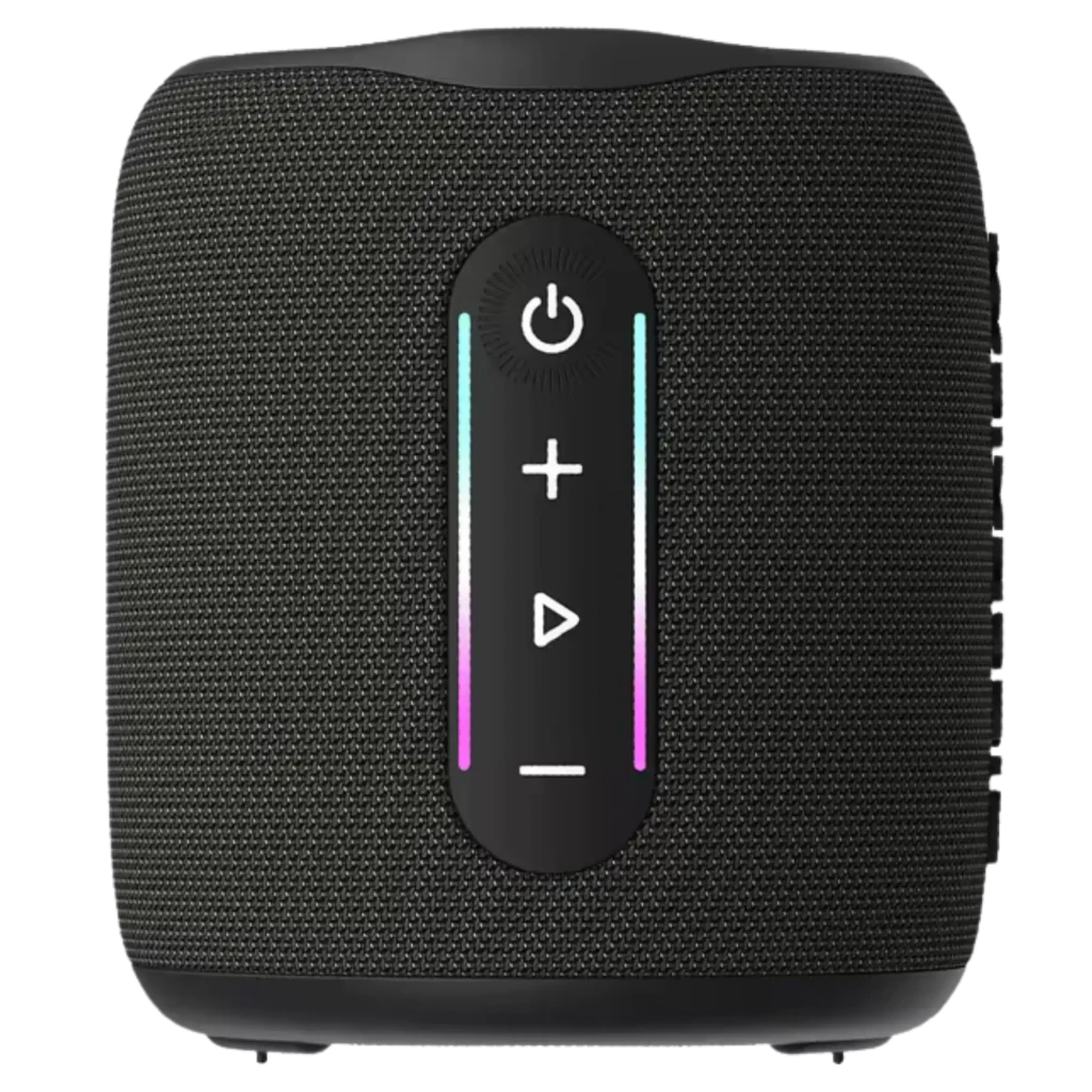 Blackview AuraBass 2 altavoz compacto 10 W con malla textil negra, panel frontal con botones + y reproducción, luces LED RGB laterales y acabado