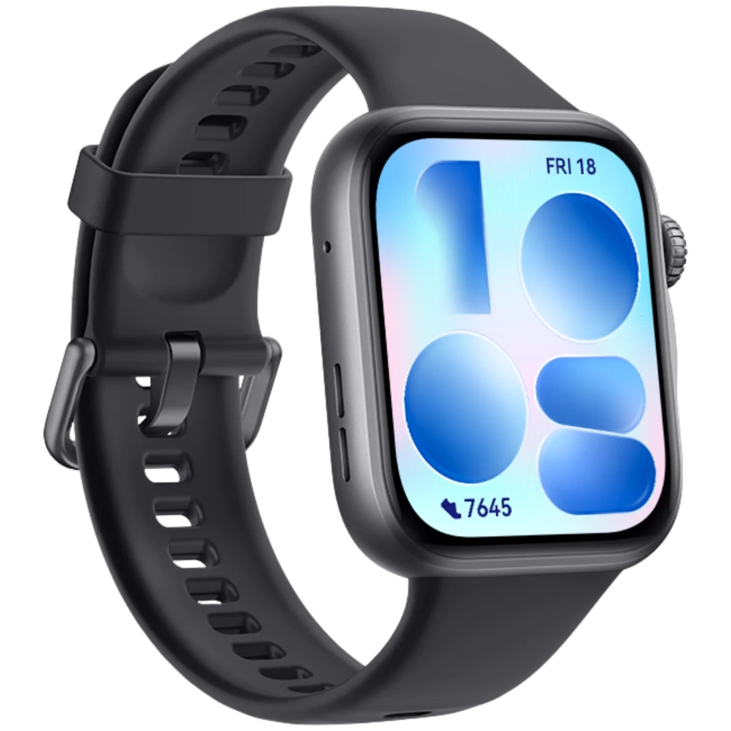 Reloj deportivo negro con pantalla AMOLED 1,82 pulgadas, caja plateada y correa de silicona; diseño rectangular, bisel fino y hebilla metálica ajustable