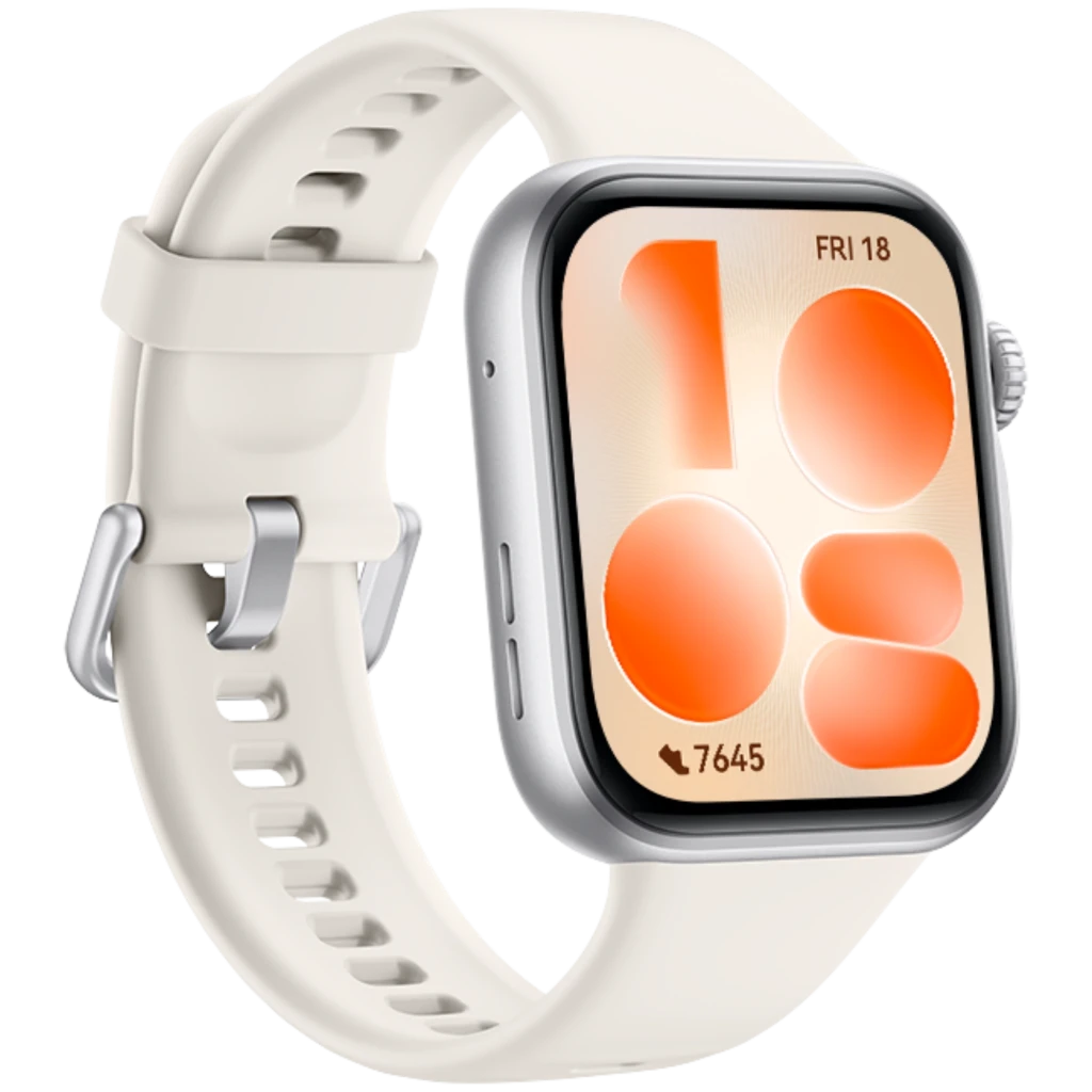 Reloj inteligente con caja plateada y pantalla AMOLED rectangular 1,82 pulgadas, correa de silicona beige con hebilla metálica y bordes redondeados