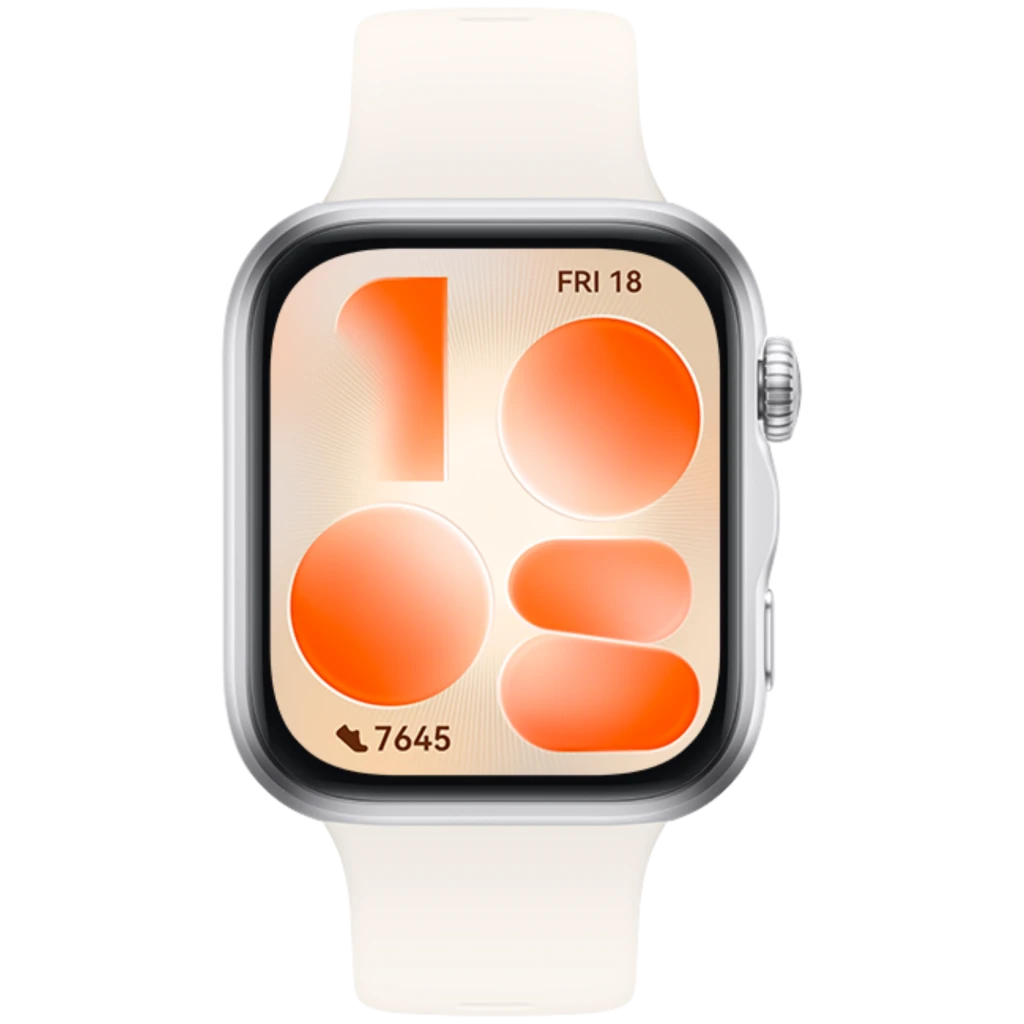 Reloj inteligente negro con pantalla AMOLED 1,82 pulgadas, marco metálico curvo y correa de silicona clara; esfera naranja minimalista con pasos y fecha