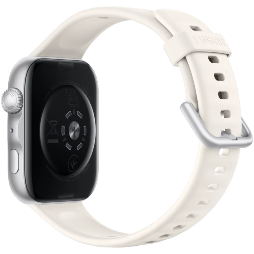 Correa de silicona blanca con hebilla metálica y ajuste perforado, compatible con smartwatch; cuerpo plateado con sensores traseros visibles y corona lateral