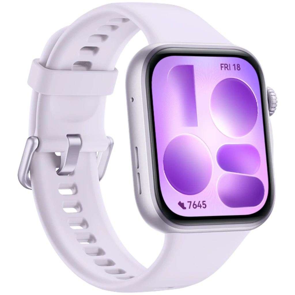 Huawei Watch Fit 5 morado con pantalla AMOLED 1,82 pulgadas, caja plateada y correa de silicona; diseño deportivo, resistente 5 ATM, interfaz púrpura