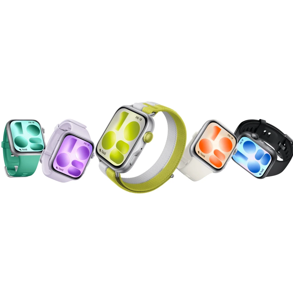 Huawei Watch Fit 5 negro con pantalla AMOLED 1,82 pulgada, caja plateada, correas intercambiables en varios colores, diseño rectangular y botón lateral