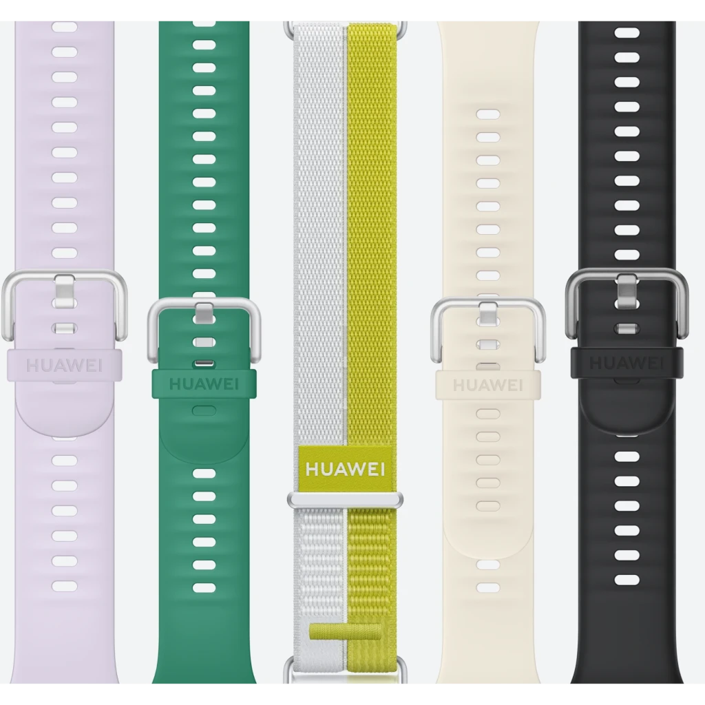 Correas para Huawei Watch Fit 5 en varios colores: negro, crema, verde, lila y una correa textil bicolor gris lima con hebillas metálicas y ajuste perforado