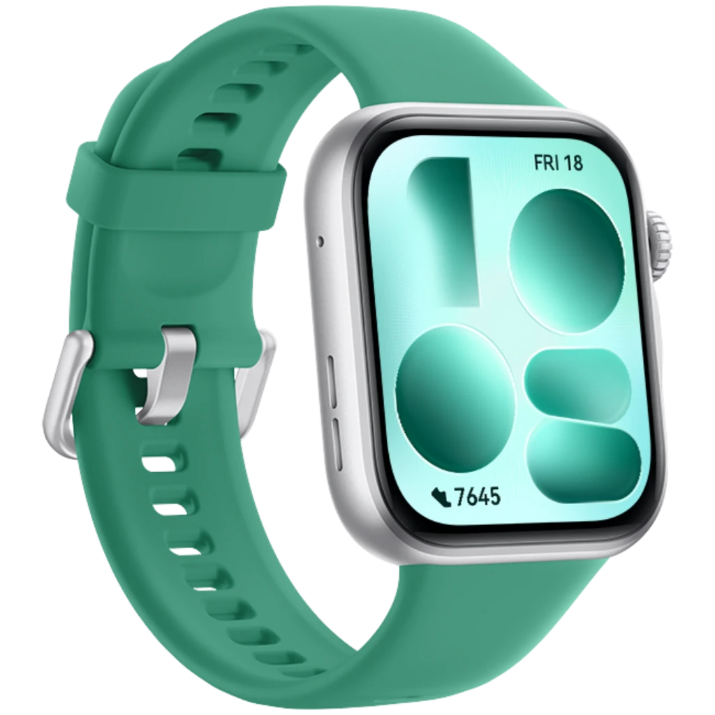 Reloj deportivo verde con pantalla AMOLED 1,82 pulgadas, caja plateada y correa de silicona; diseño rectangular, bisel fino y hebilla metálica ajustable