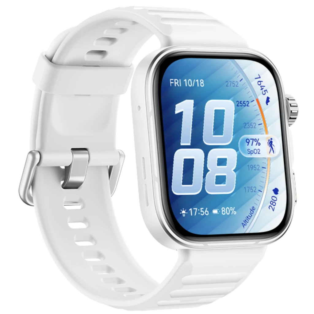 Huawei Watch Fit 5 Pro blanco con pantalla AMOLED 1,92, bisel metálico, correa deportiva perforada y esfera digital con métricas de salud y altitud
