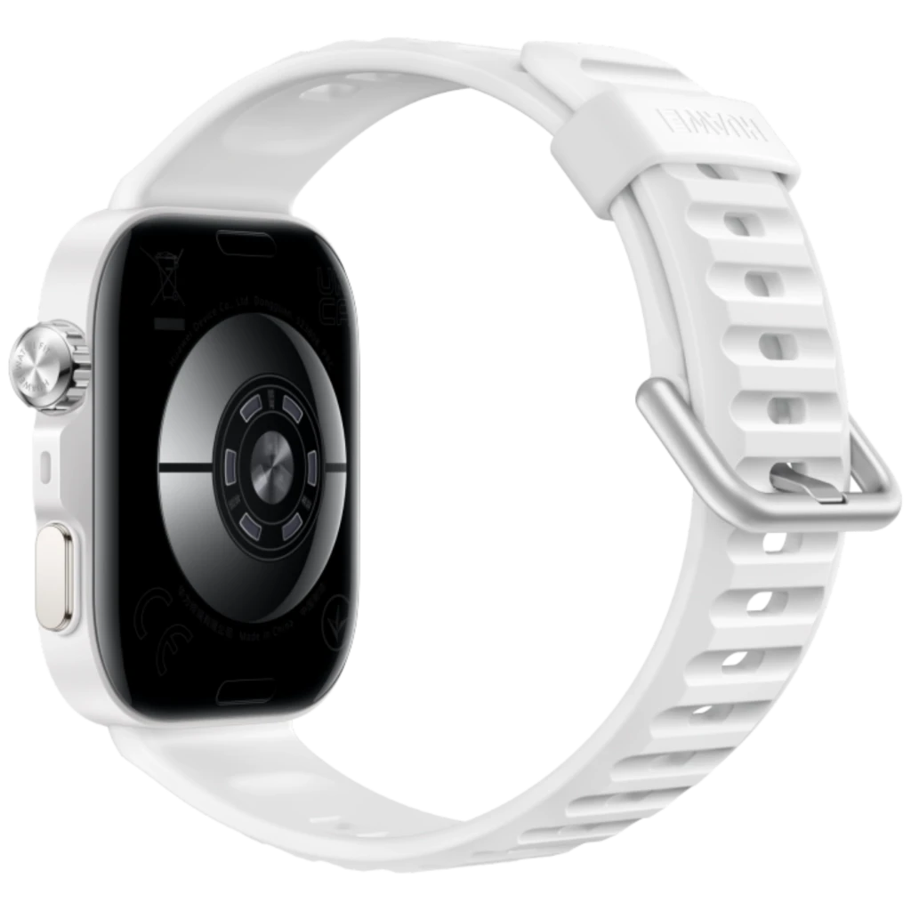 Huawei Watch Fit 5 Pro blanco con correa deportiva ranurada, hebilla metálica y caja rectangular con sensor trasero circular y corona lateral ribeteada