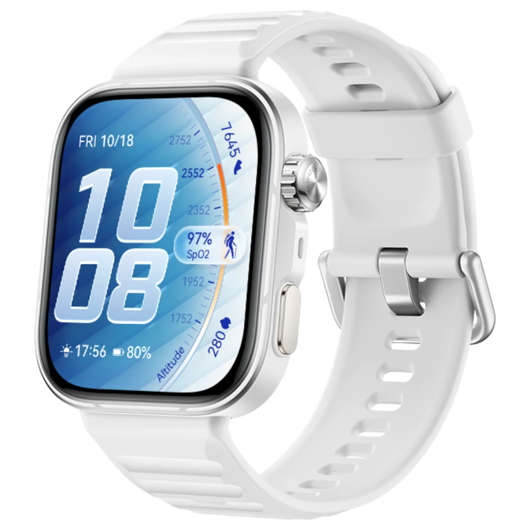 Huawei Watch Fit 5 Pro blanco con pantalla AMOLED 1,92 pulgadas, bisel metálico, corona lateral y correa de silicona perforada, diseño deportivo y elegante