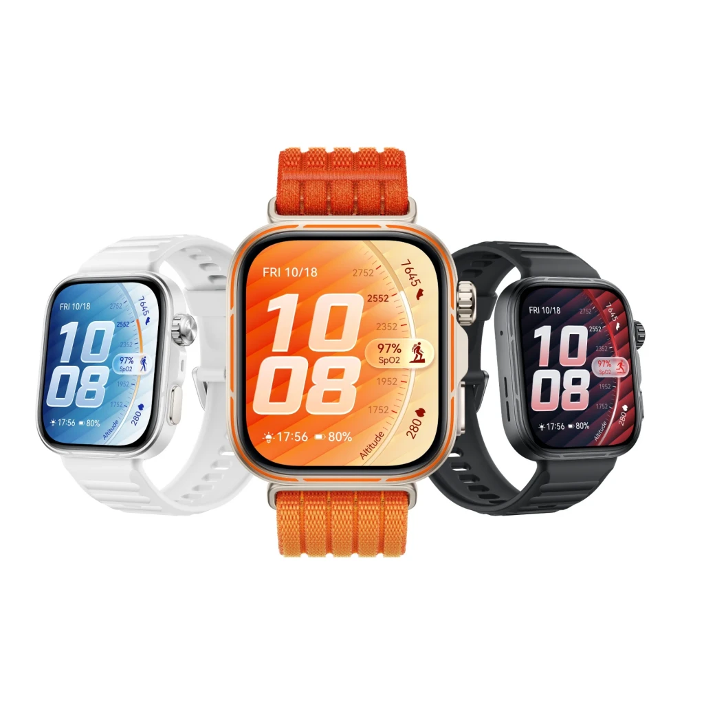 Huawei Watch Fit 5 Pro con pantalla AMOLED 1,92, correas intercambiables en negro, blanco y naranja, diseño rectangular y botones laterales