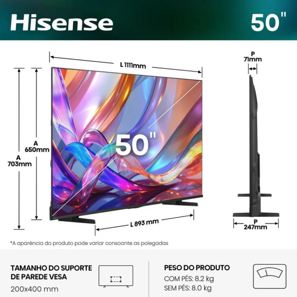 Hisense 50E7S Smart TV QLED 50 pulgadas 4K en negro, biseles delgados, diseño delgado 7 mm, base doble, VESA 200x400 mm, tamaño 893x703x247 mm, peso 8 kg