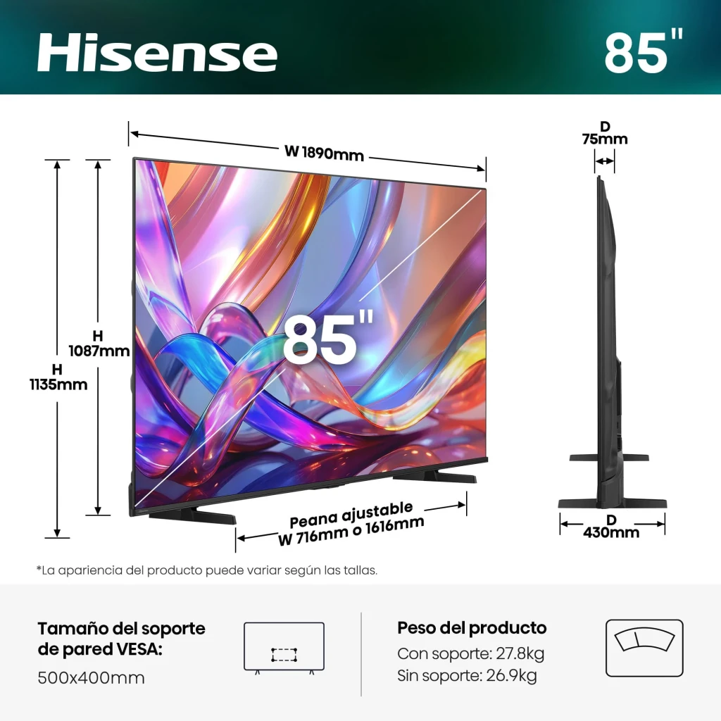 Hisense 85E7S Smart TV QLED 85 pulgadas 4K negro, pantalla gigante con bisel delgado, peana ajustable 716 o 1616 mm y montaje VESA 500x400 mm