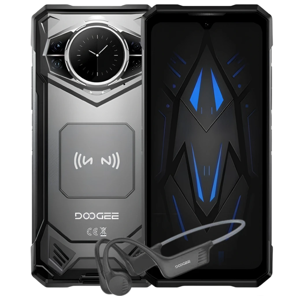 Doogee S200 12GB/256GB VIP version Rugged Plata con diseño robusto plateado, cargador inalámbrico trasero, pantalla negra con acentos azules y auriculares