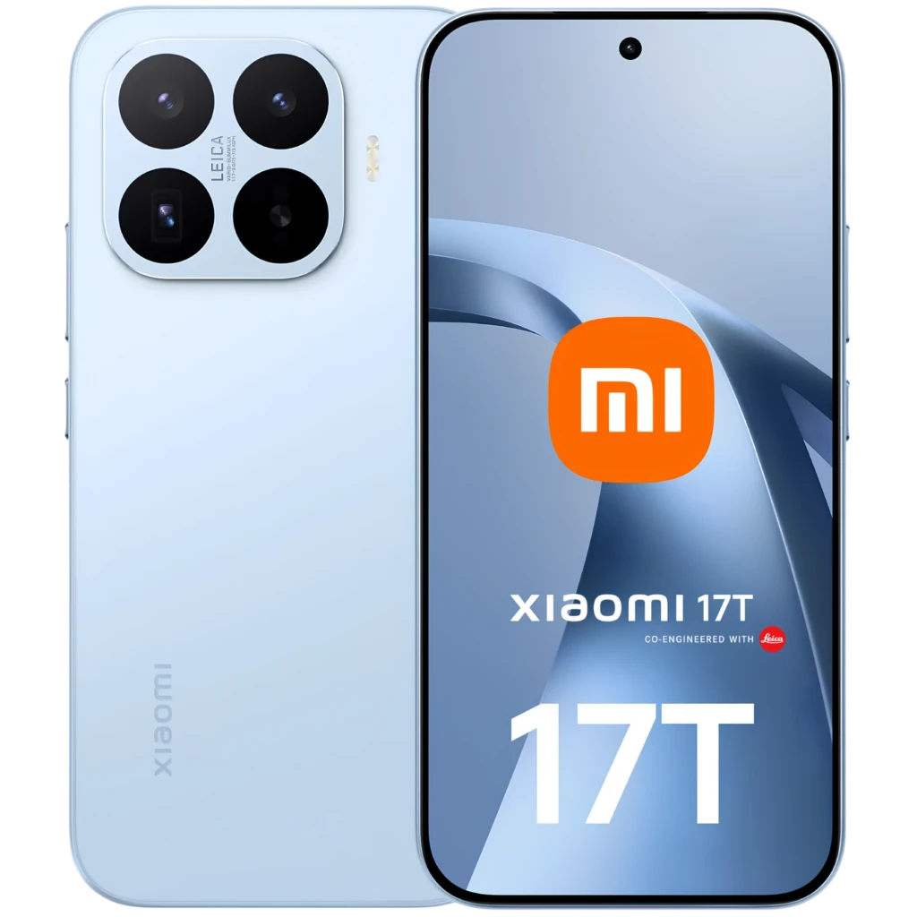 Xiaomi 17T 5G azul con pantalla completa de bordes finos y módulo de cámara trasera cuadrado con cuatro lentes Leica; acabado mate elegante