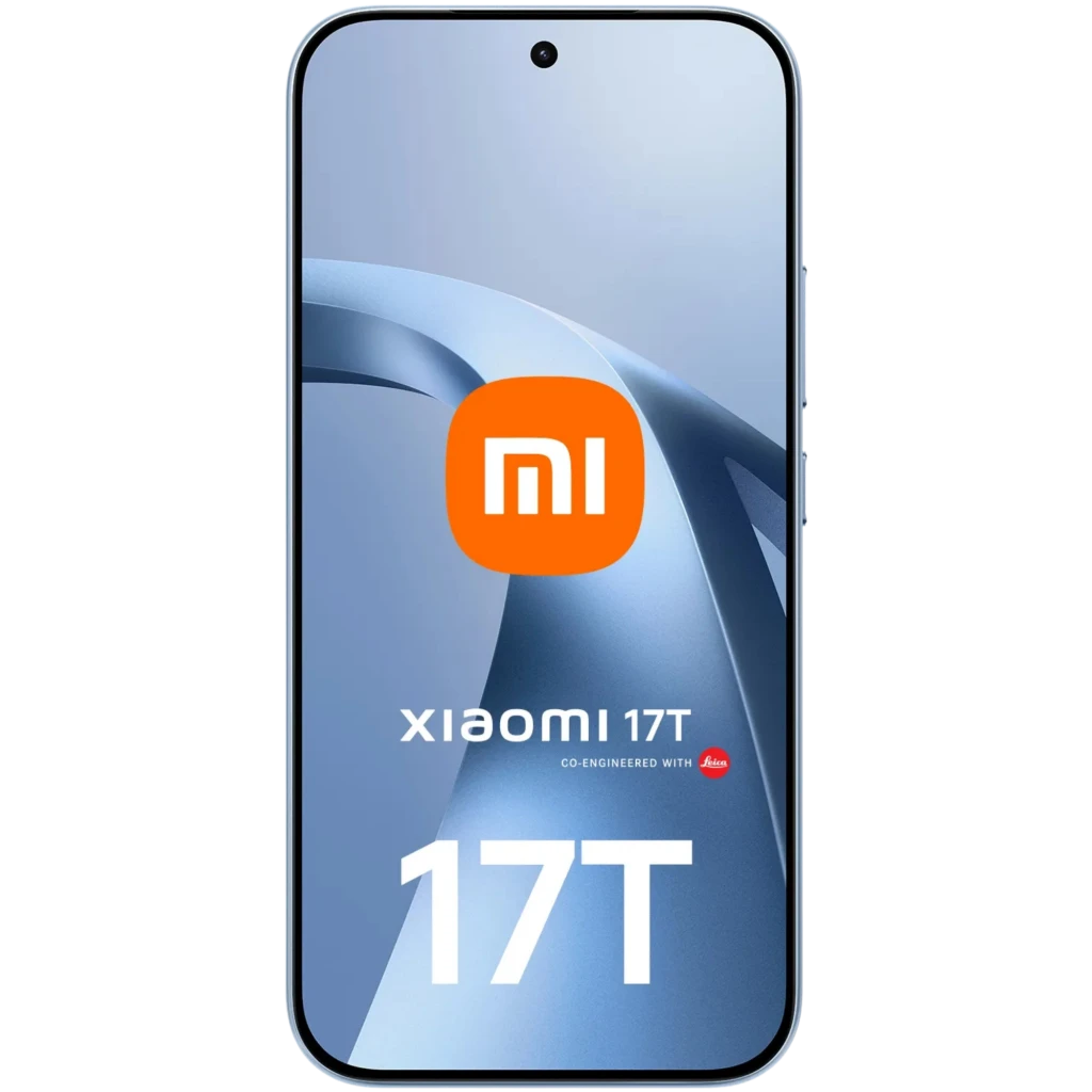 Xiaomi 17T 5G azul con pantalla casi sin bordes y cámara frontal en orificio central; diseño moderno y simétrico, logotipo MI destacado en la pantalla