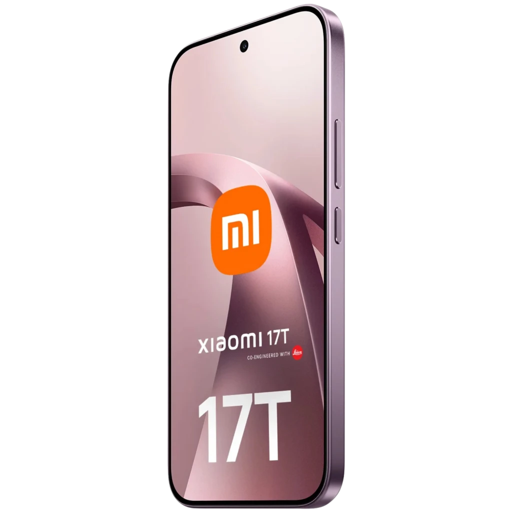Xiaomi 17T 5G Violeta con pantalla perforada frontal, bordes delgados y botones laterales; diseño elegante, 256 GB, 12 GB RAM y batería 6500 mAh