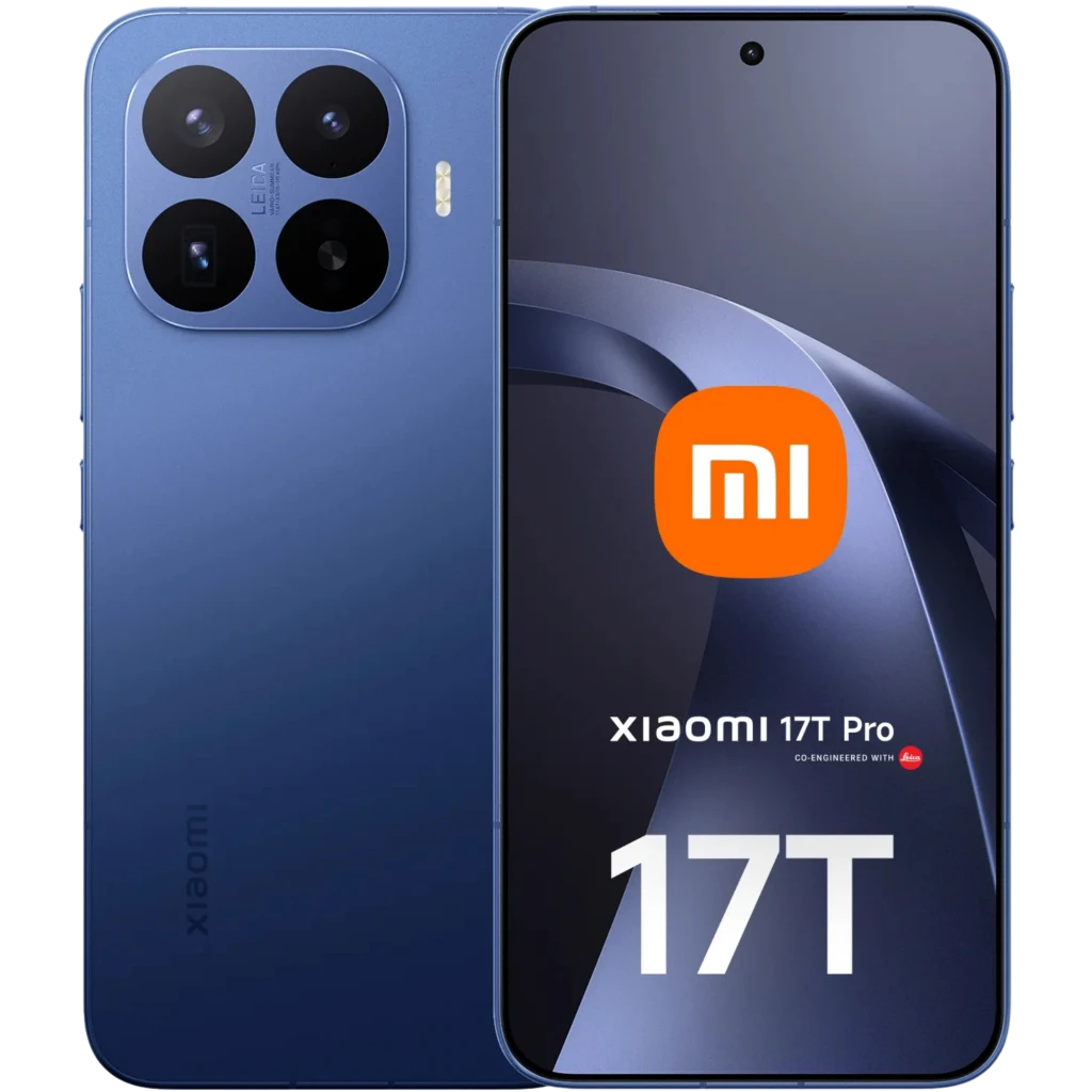Xiaomi 17T Pro 5G azul con triple cámara trasera grande y flash, pantalla AMOLED 6,83 pulgadas con biseles finos, acabado metálico elegante
