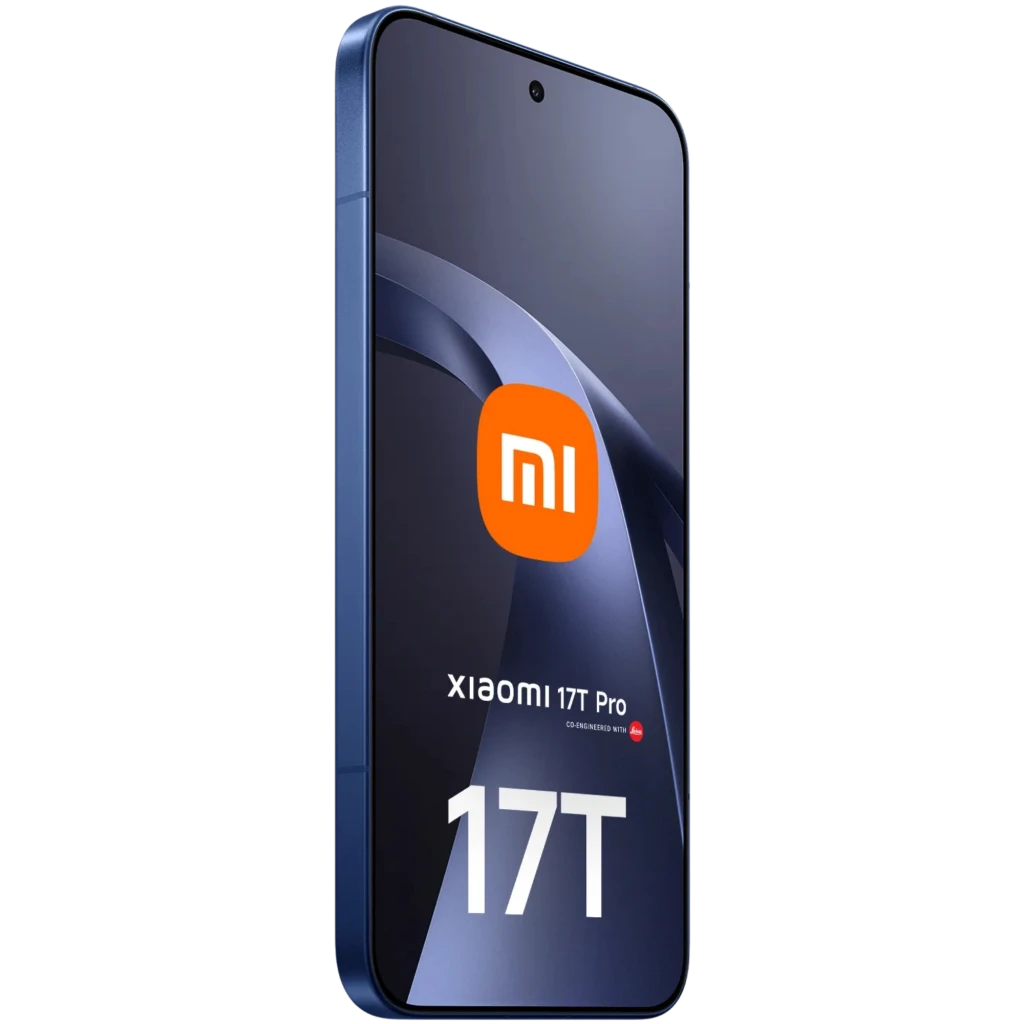 Xiaomi 17T Pro 5G azul con pantalla AMOLED de 6,83 pulgadas, 512 GB y 12 GB de RAM; diseño delgado, bordes curvos y cámara frontal en orificio central
