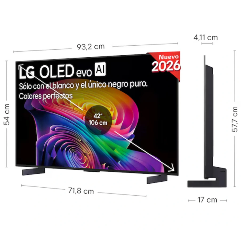 LG OLED42C66LB Smart TV OLED evo 42 pulgadas 4K con marcos finos, panel ultradelgado, colores vibrantes y negros puros; peana doble y medidas detalladas