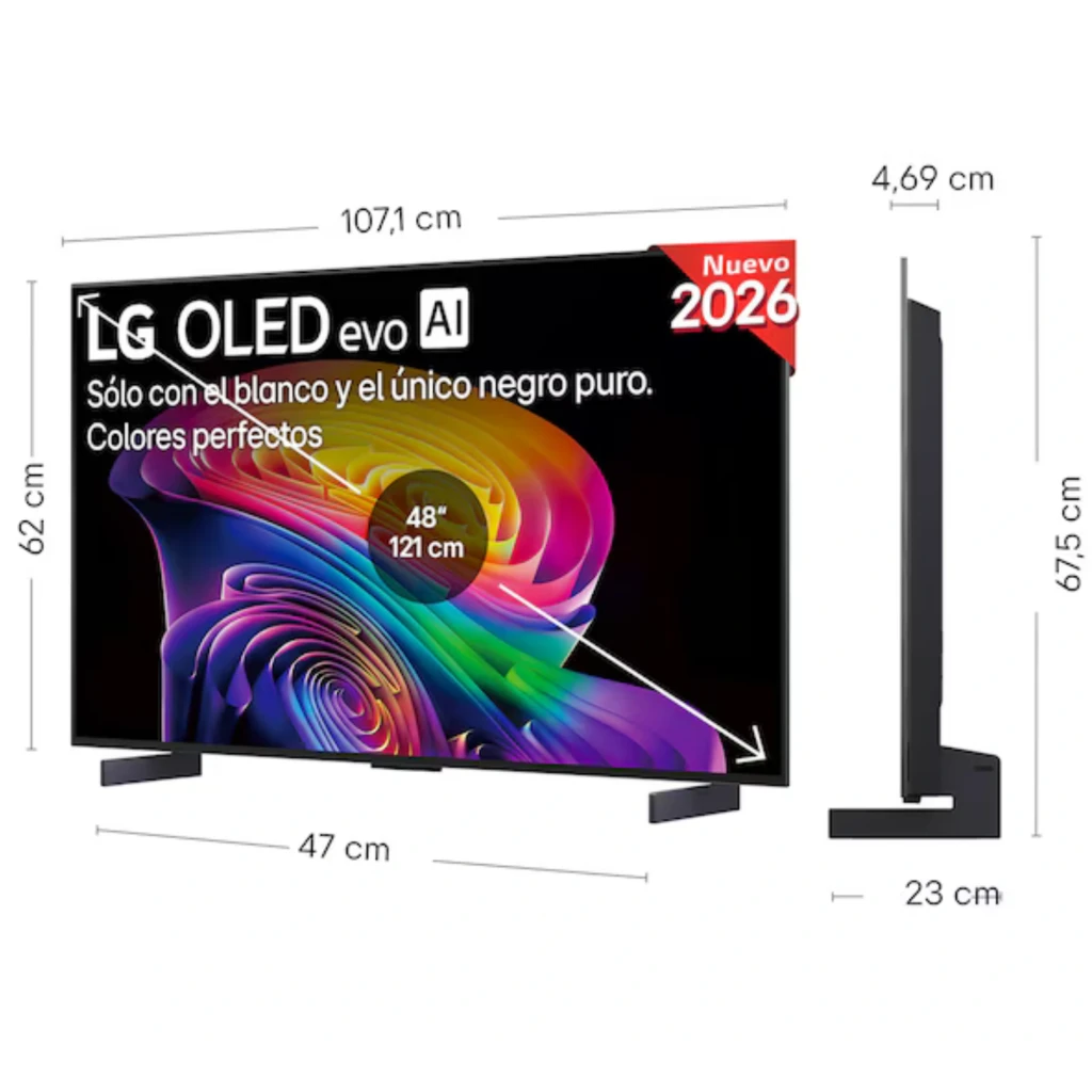 LG OLED48C66LB Smart TV OLED evo 48" 4K con biseles finos, panel ultradelgado de 4,69 cm, peana doble, colores vivos y etiqueta Nuevo 2026 en la esquina