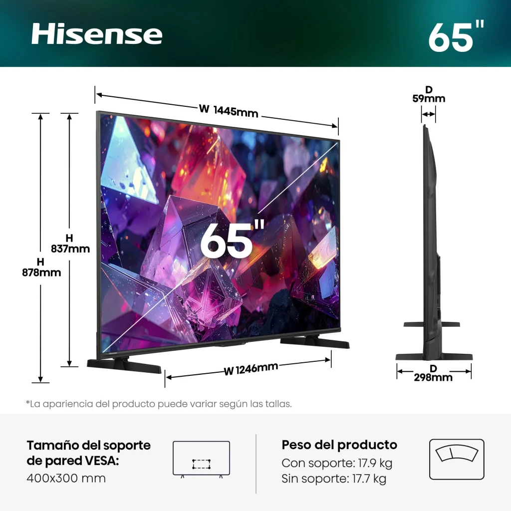 Televisor Hisense 65E7S PRO QLED 65 pulgadas 4K con biseles delgados, soporte doble, perfil delgado y colores vibrantes; VESA 400x300 mm