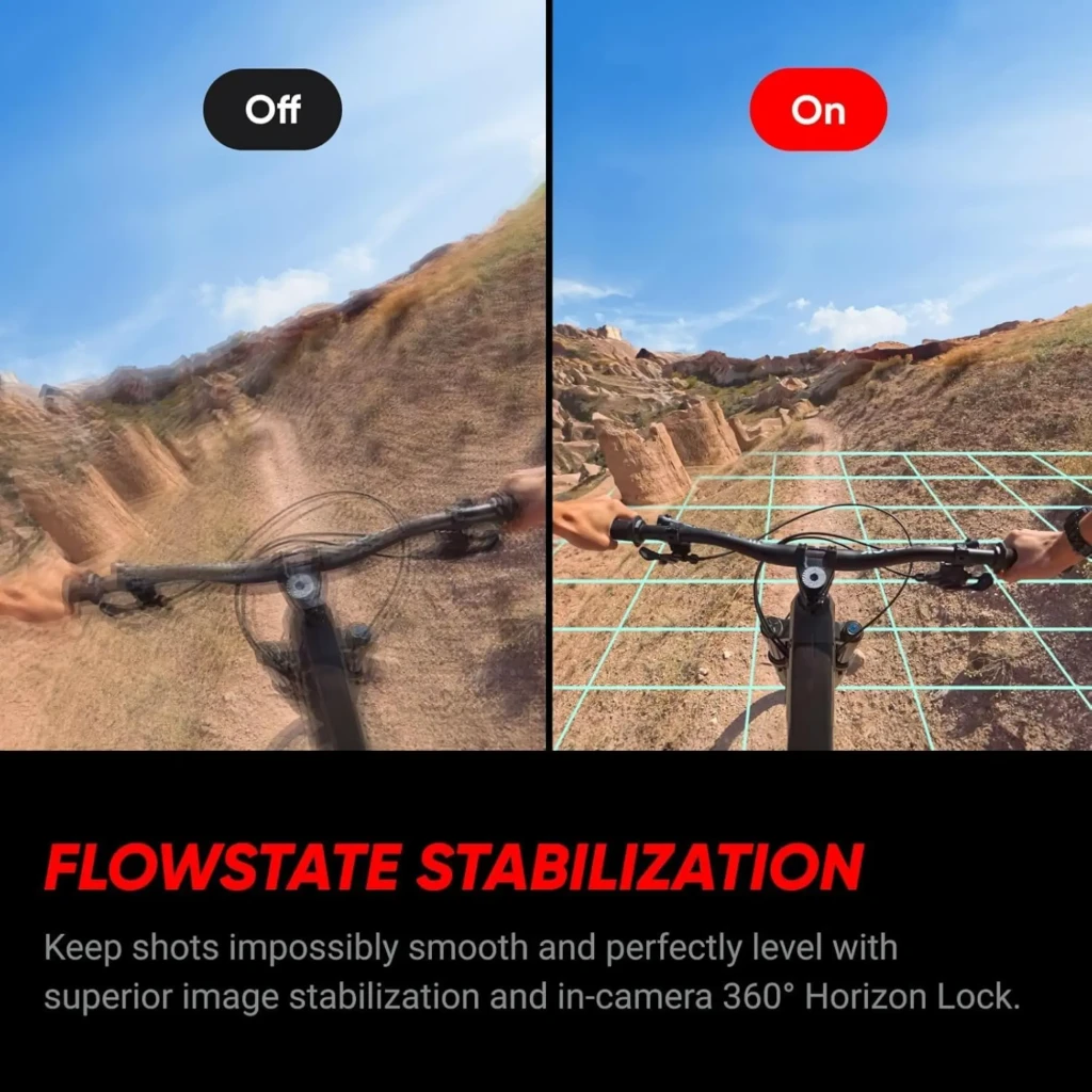Comparativa de estabilización FlowState: vista de ciclismo en montaña. Lado izquierdo borroso, lado derecho nítido con cuadrícula y horizonte nivelado