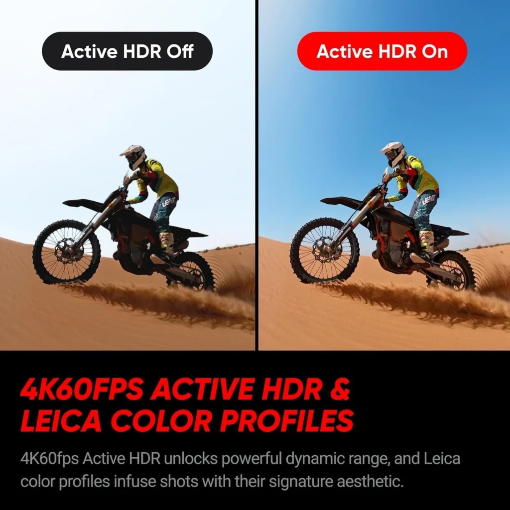 Insta360 Ace Pro 2 8K 50 MP Sumergible 12 m FlowState mostrando comparación Active HDR Off vs On a 4K60 con mayor rango dinámico y colores Leica vibrantes