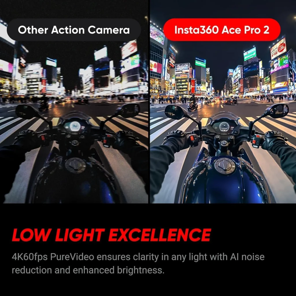 Comparativa nocturna en moto: Insta360 Ace Pro 2 muestra imagen más nítida y brillante que otra cámara, destacando claridad, reducción de ruido y 4K a 60