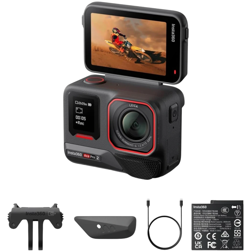 Insta360 Ace Pro 2 8K 50 MP étanche 12 m avec écran rabattable, optique Leica, stabilisation FlowState, micro intégré, accessoires et câble USB-C