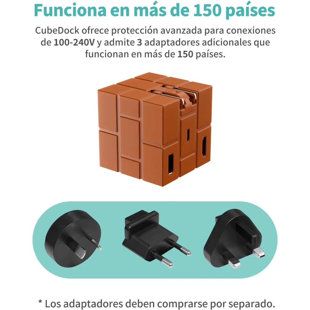 Cargador Powkong Pipe-dock Portable All-in-One GaN 65W USB-C PD en forma de cubo naranja, con puertos USB y adaptadores intercambiables para tomas globales