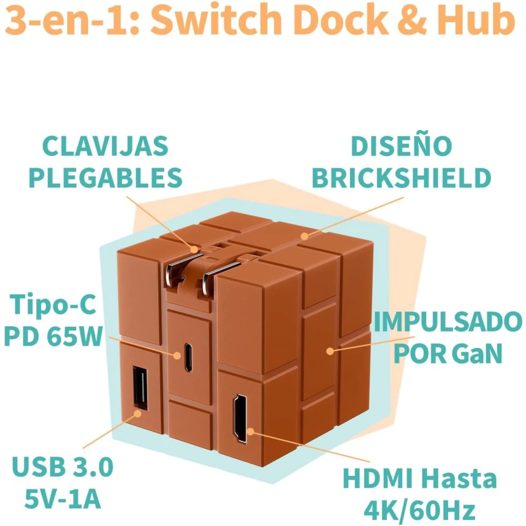 Cargador Powkong Pipe-dock Portable All-in-One GaN 65W USB-C PD con diseño tipo bloque, clavijas plegables, USB 3.0, HDMI 4K 60Hz y puerto USB-C PD 65W