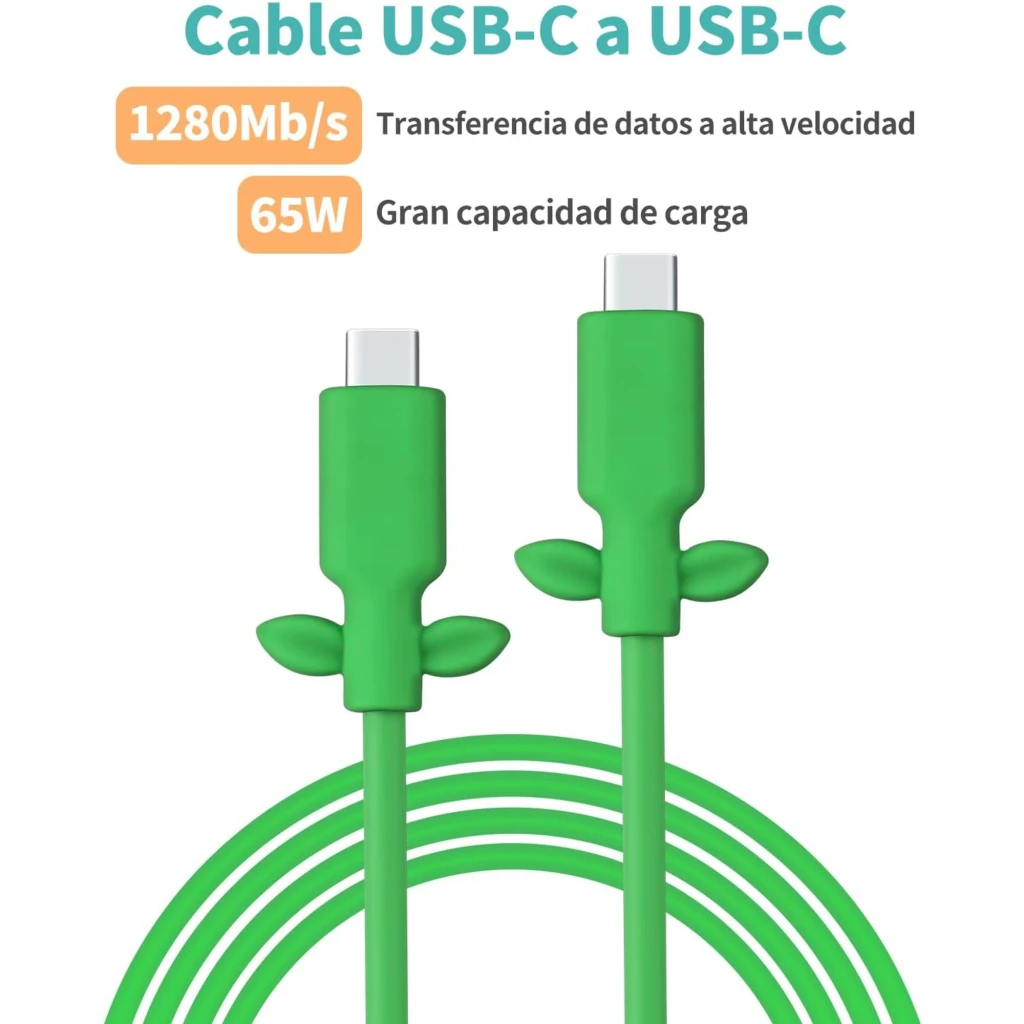 Cable USB-C a USB-C verde con detalles tipo hoja, compatible con 65W y 1280 Mb/s. Conectores reforzados y cable grueso para carga y datos rápidos