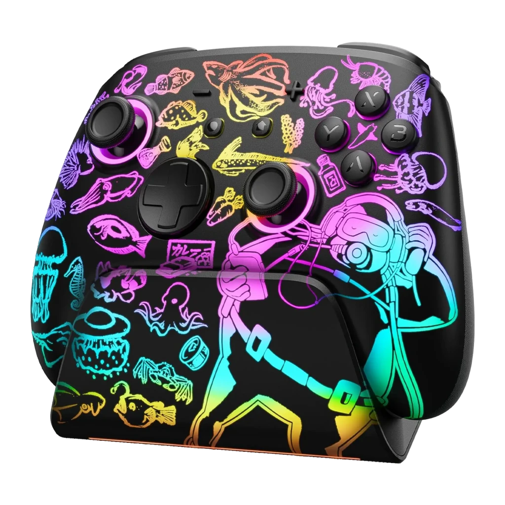 Mando Funlab Luminex Pro Wireless Switch con base de carga, diseño Dave Collab neon multicolor con ilustraciones marinas y personaje, botones ABXY negros