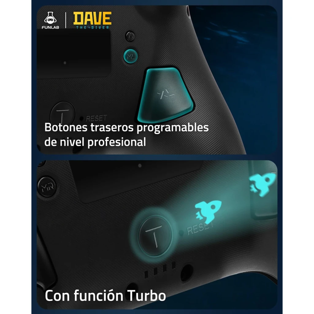 Mando Funlab Luminex Pro Wireless Switch con botones traseros programables de nivel profesional y función Turbo, incluye base de carga Dave Collab Edition
