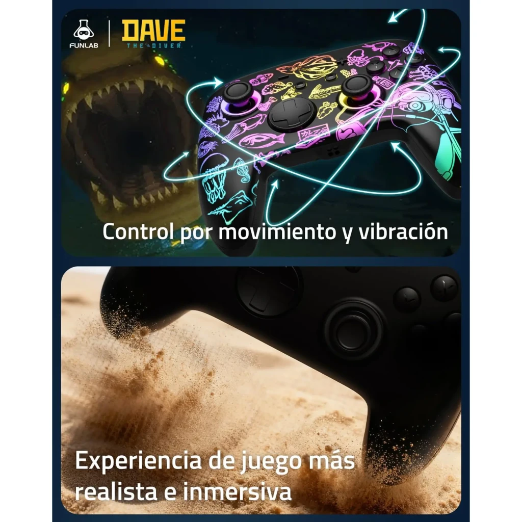 Mando Funlab Luminex Pro Wireless Switch con dock de carga, arte neon Dave Collab, luz LED, ergonomía premium, control por movimiento y vibración