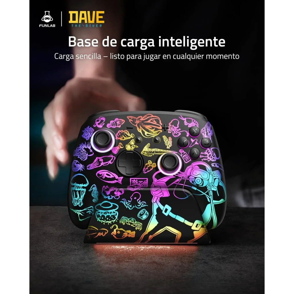 Mando Funlab Luminex Pro Wireless Switch con base de carga iluminada. Diseño Dave Collab con gráficos neón multicolor y LED naranja en la base.