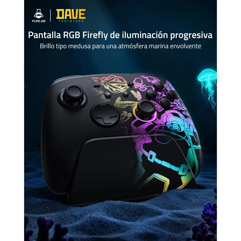 Mando Funlab Luminex Pro Wireless Switch con pantalla RGB Firefly, diseño Dave marino con medusas y corales, incluye base de carga elegante