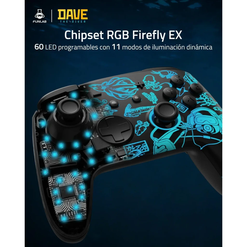 Mando Funlab Luminex Pro Wireless Switch con dock, edición Dave. Carcasa negra con arte cian y 60 LED programables RGB, cruceta metálica y botones negros.