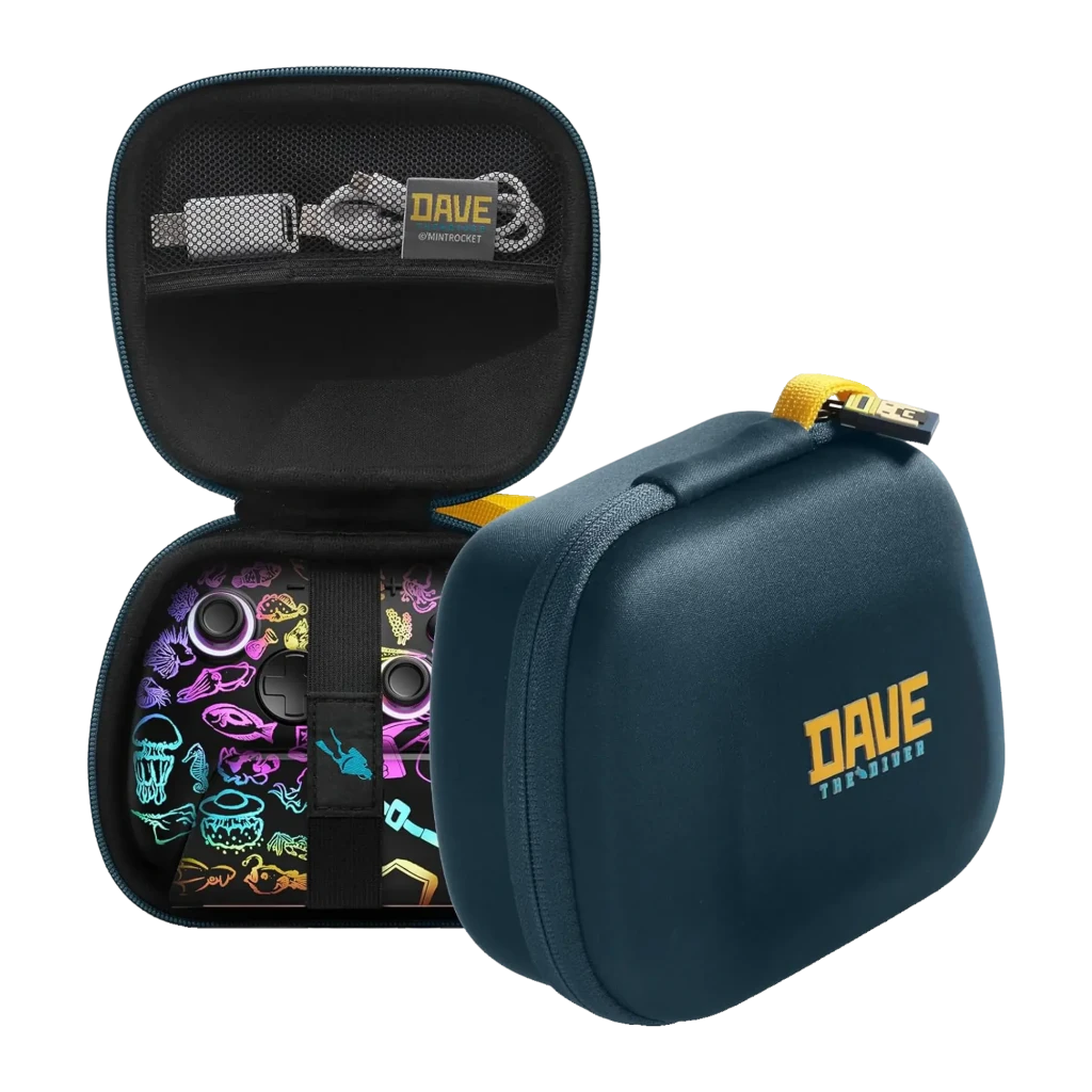 Funda FUNLAB Dave Collab Edition para mando Switch PS5 XBOX, rígida azul con logo DAVE, cierre seguro, interior con iconos neón y bolsillo de malla con correa