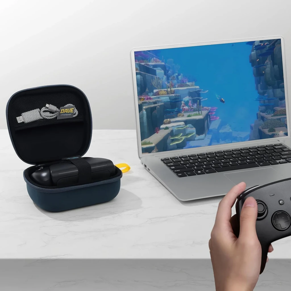 Funda FUNLAB para mando Switch PS5 XBOX Dave Collab Edition con estuche rígido azul, interior acolchado, bolsillo de malla y correa elástica de sujeción